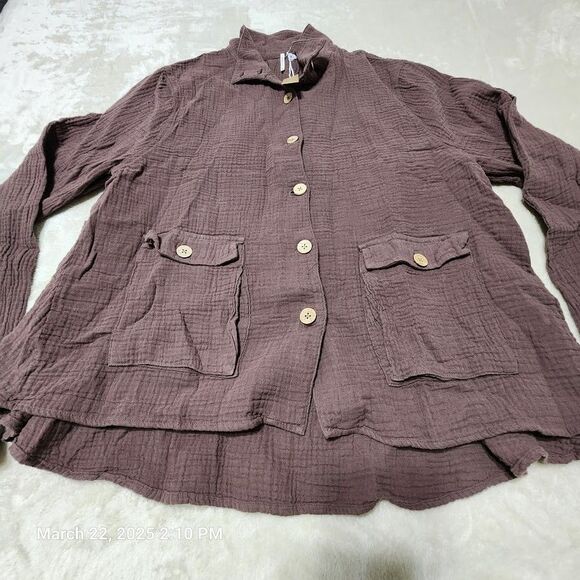 Hello Nite Women's Large Long Sleeve Button Up Adj Sleeve Mandarin Collar Cotton - Picture 2 of 9